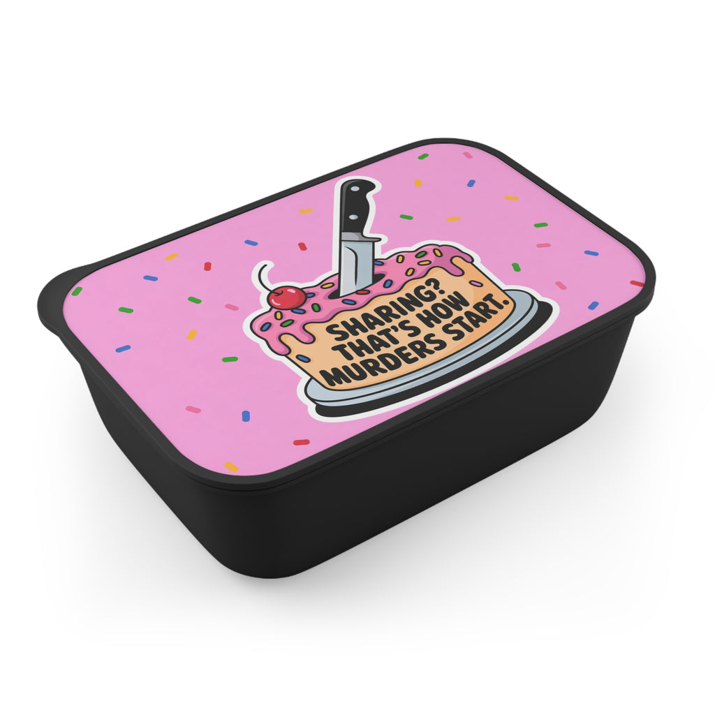 Black lunchbox with pink lid featuring a cake with a knife and the text "Sharing? That's how murders start."