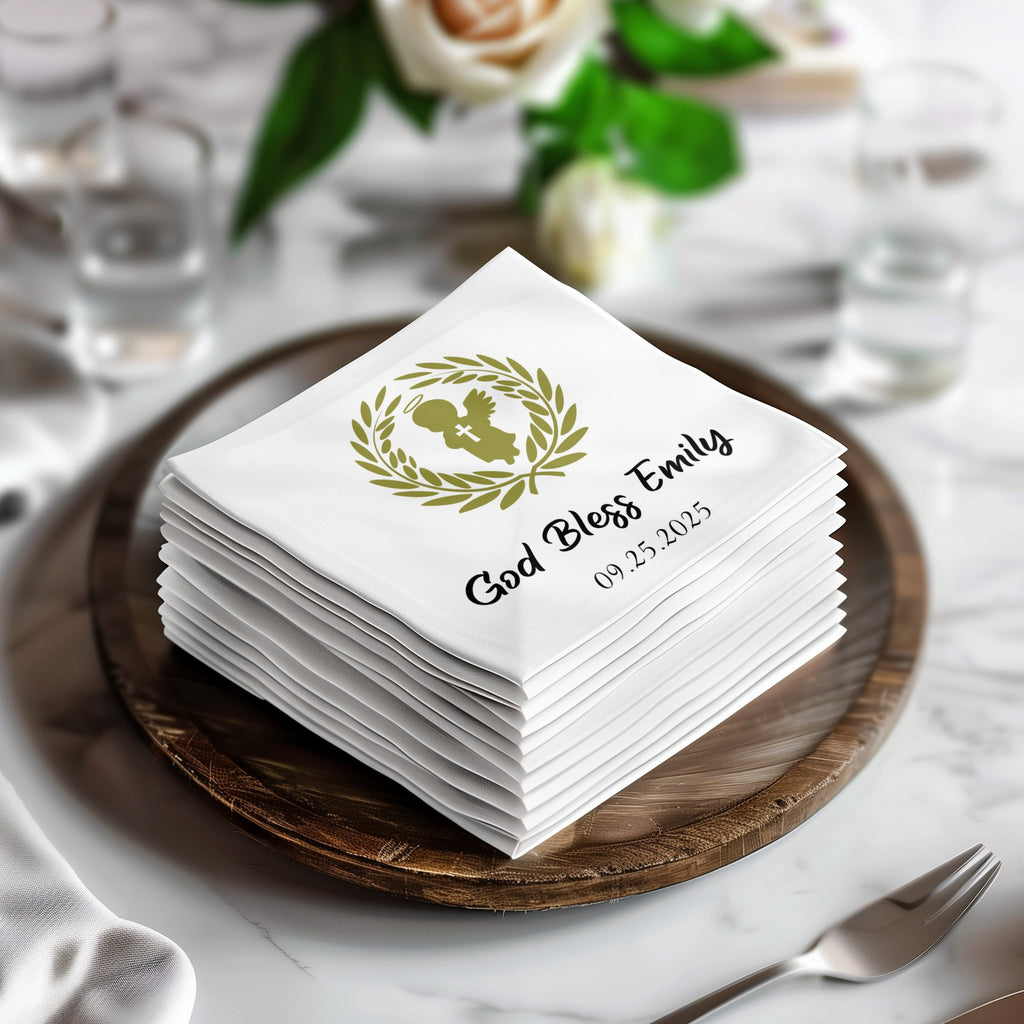 Stack of white napkins with "God Bless Emily" and date printed.
