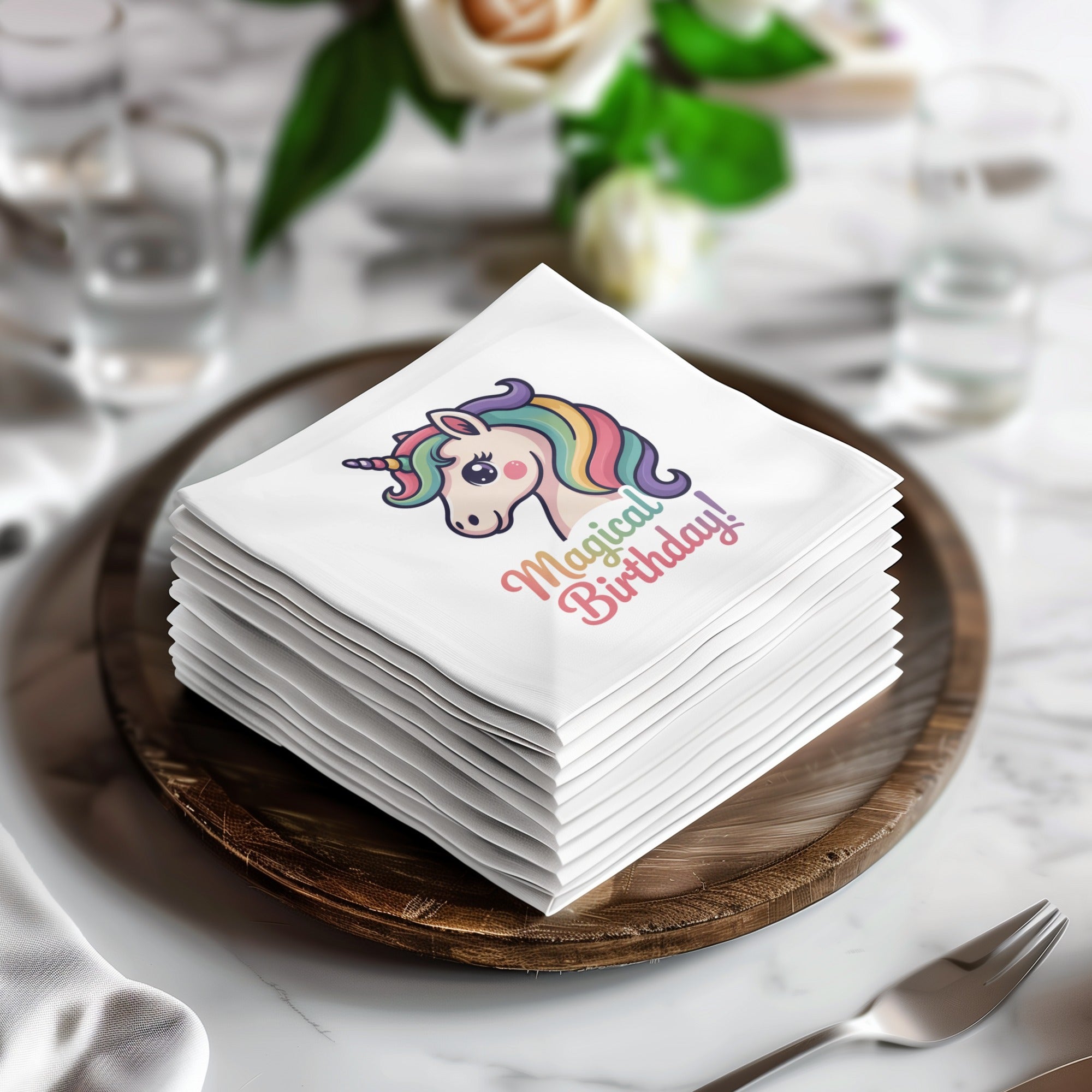 Stack of white napkins with unicorn and "Magical Birthday!" text.