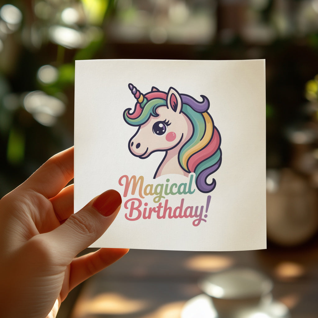 Unicorn with rainbow mane on card with "Magical Birthday!" text held by hand.