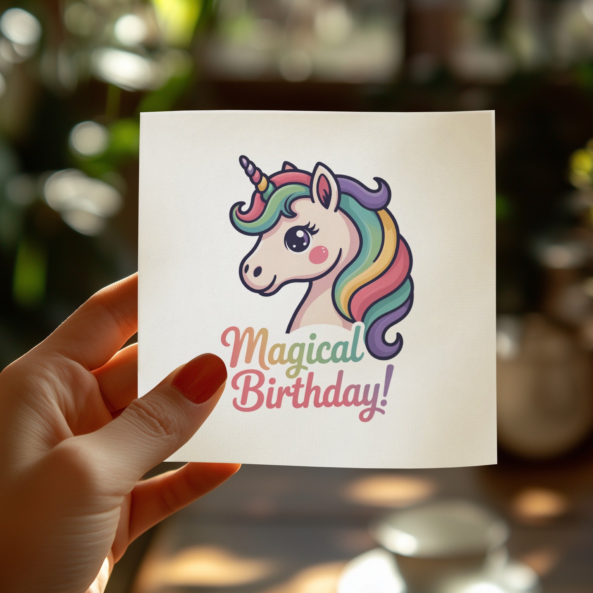 Unicorn with rainbow mane on card with "Magical Birthday!" text held by hand.