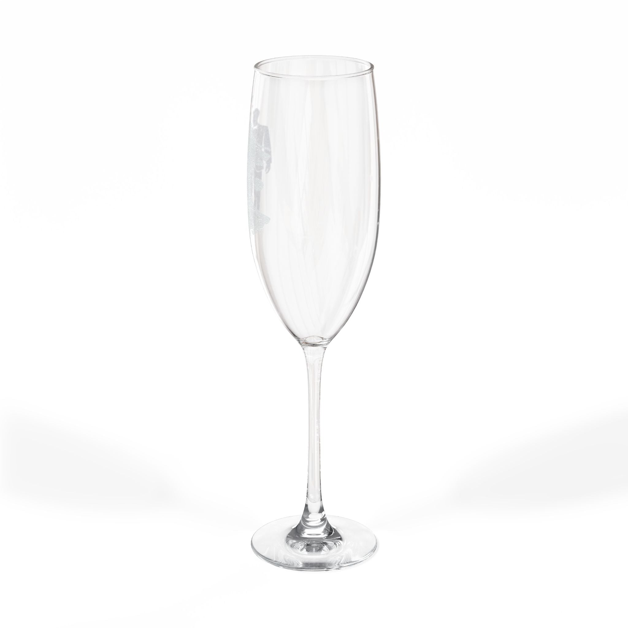 Clear champagne flute with etched silhouette of a standing figure.