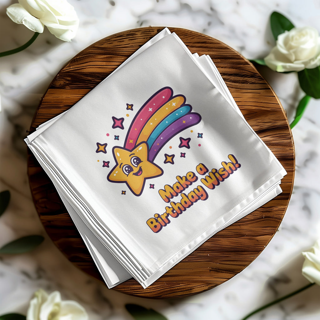 White napkin with a colorful cartoon shooting star saying "Make a Birthday Wish!"