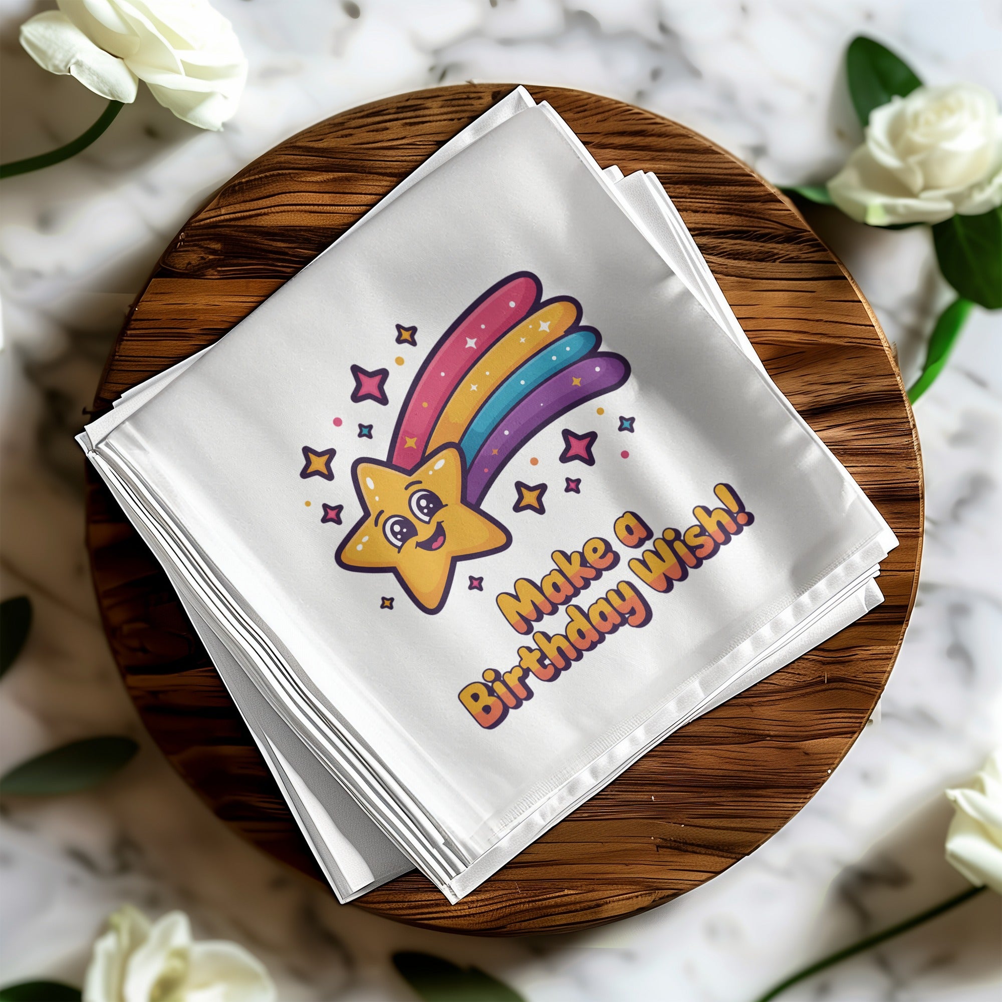 White napkin with a colorful cartoon shooting star saying "Make a Birthday Wish!"