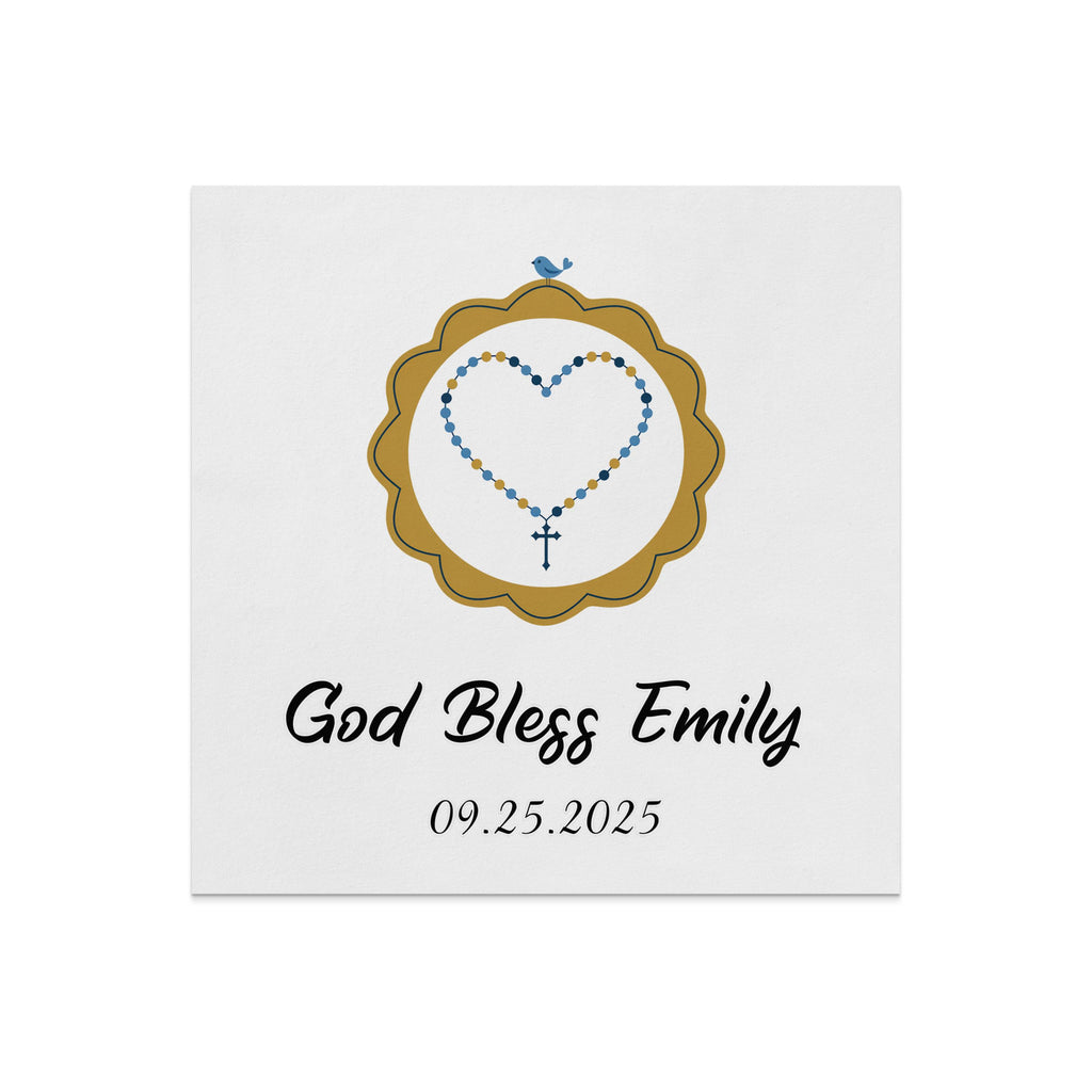 Rosary with gold frame and blue bird, "God Bless Emily 09.25.2025".