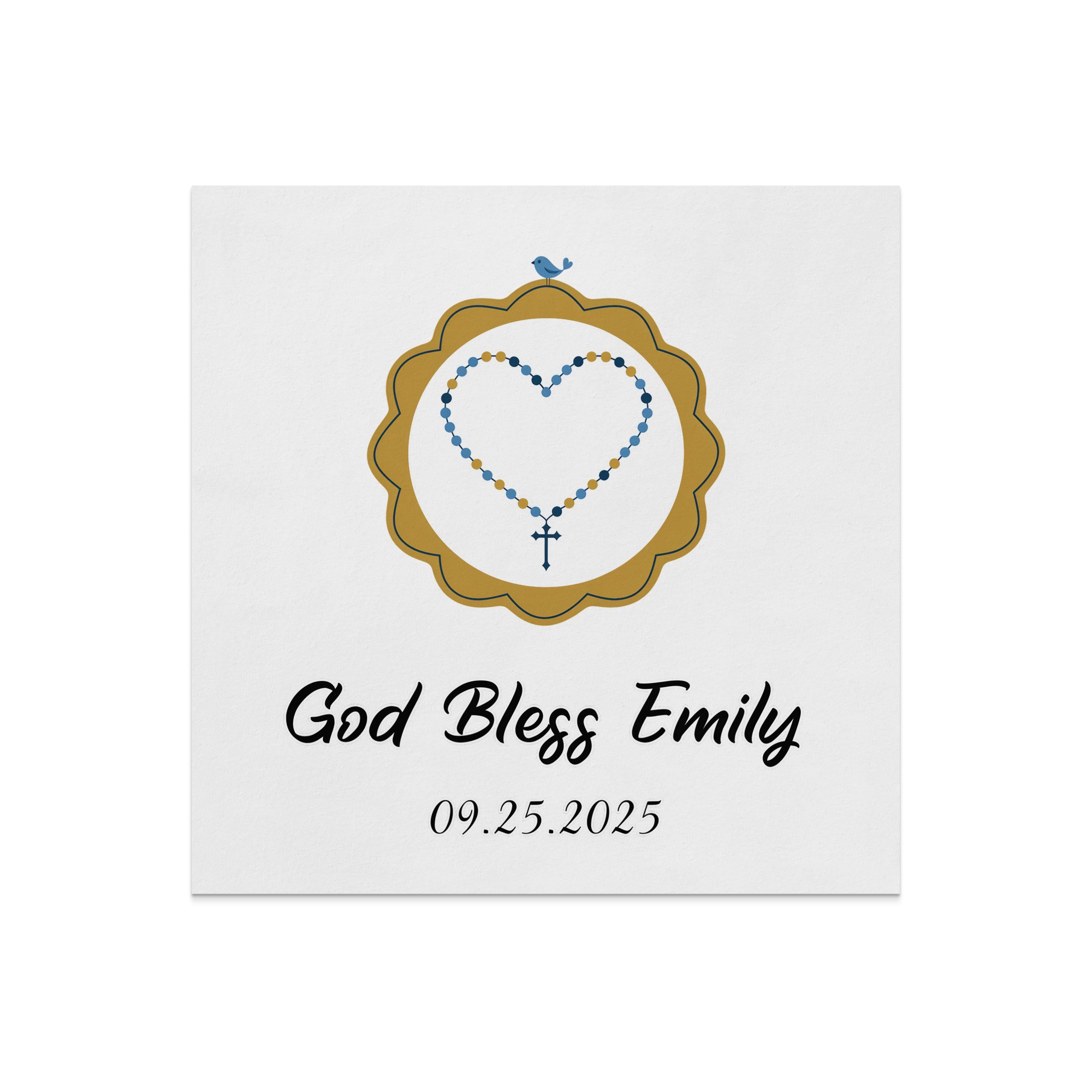 Rosary with gold frame and blue bird, "God Bless Emily 09.25.2025".