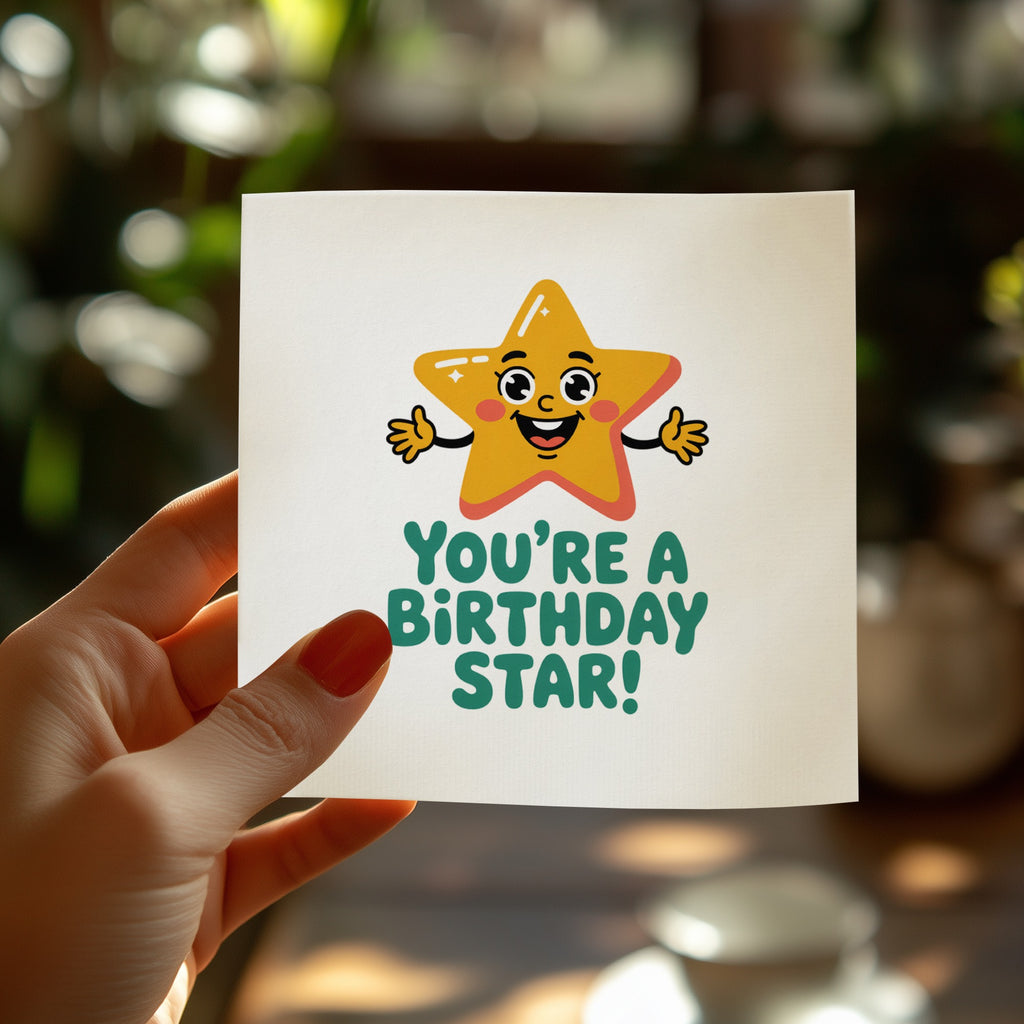 Card held by hand with cartoon star and text "YOU'RE A BIRTHDAY STAR!"