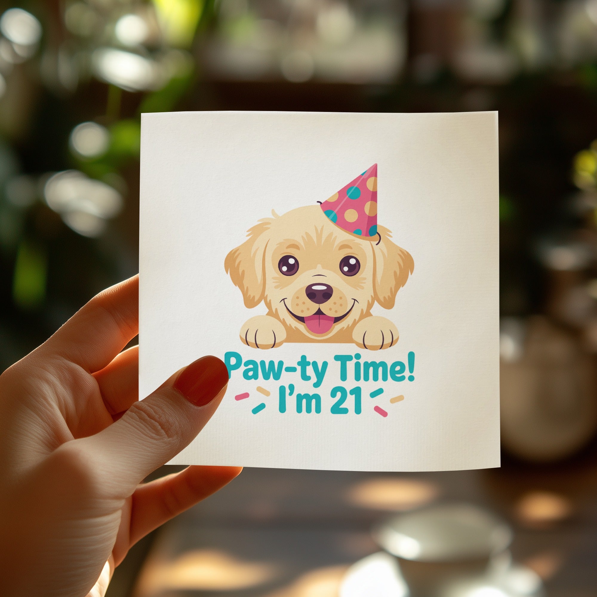 Card with a golden retriever wearing a party hat saying "Paw-ty Time! I'm 21."
