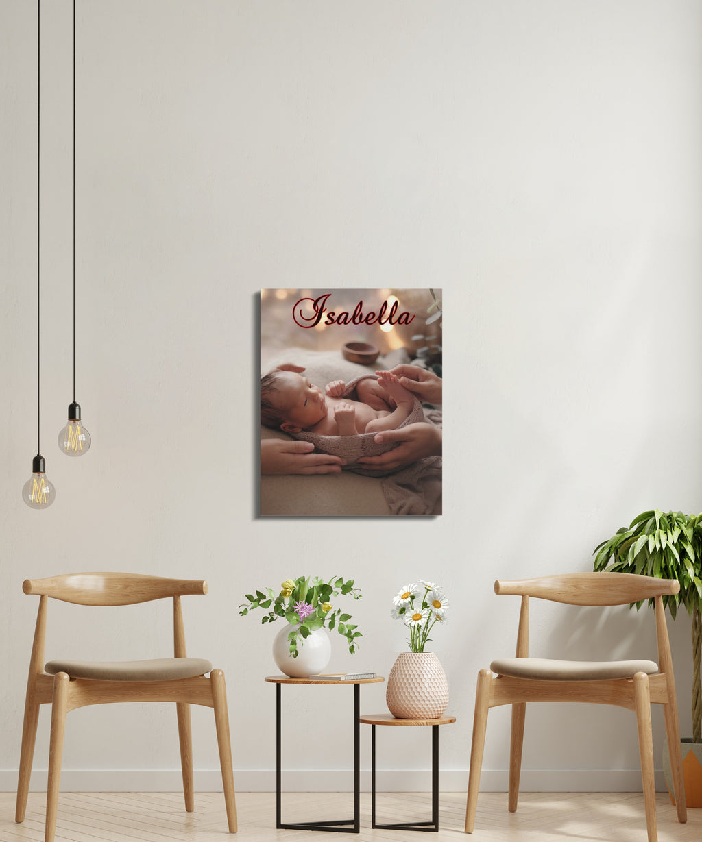 Canvas print of a newborn baby with "Isabella" text overlay.