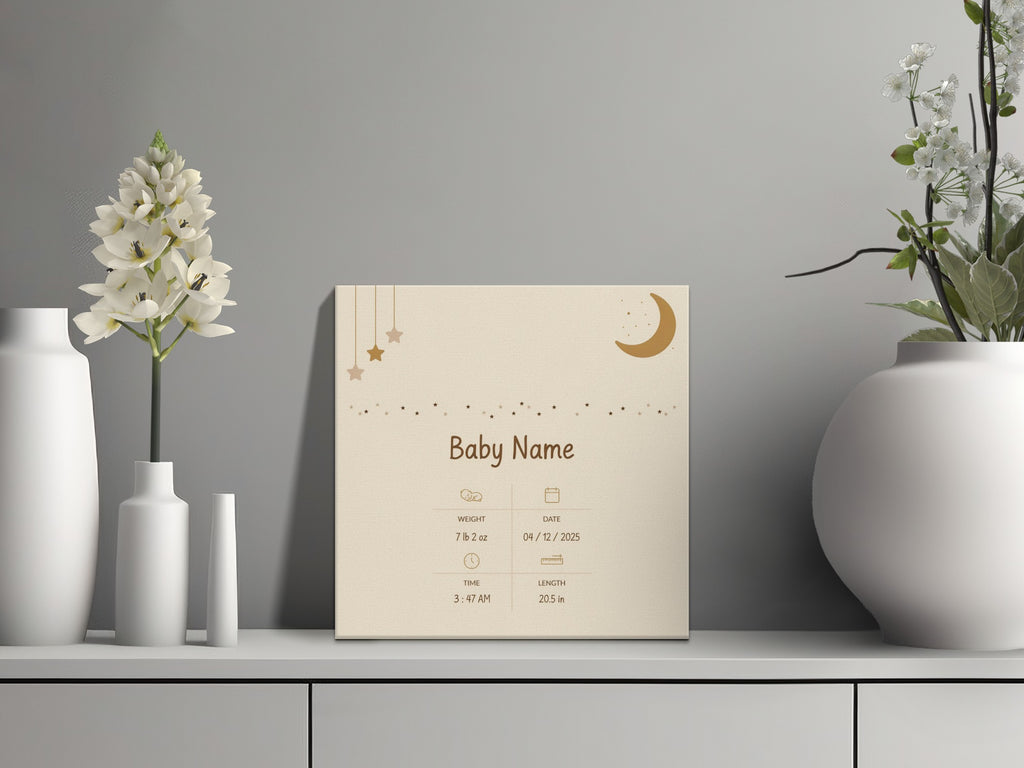 Baby birth announcement with name, weight, date, time, and length.