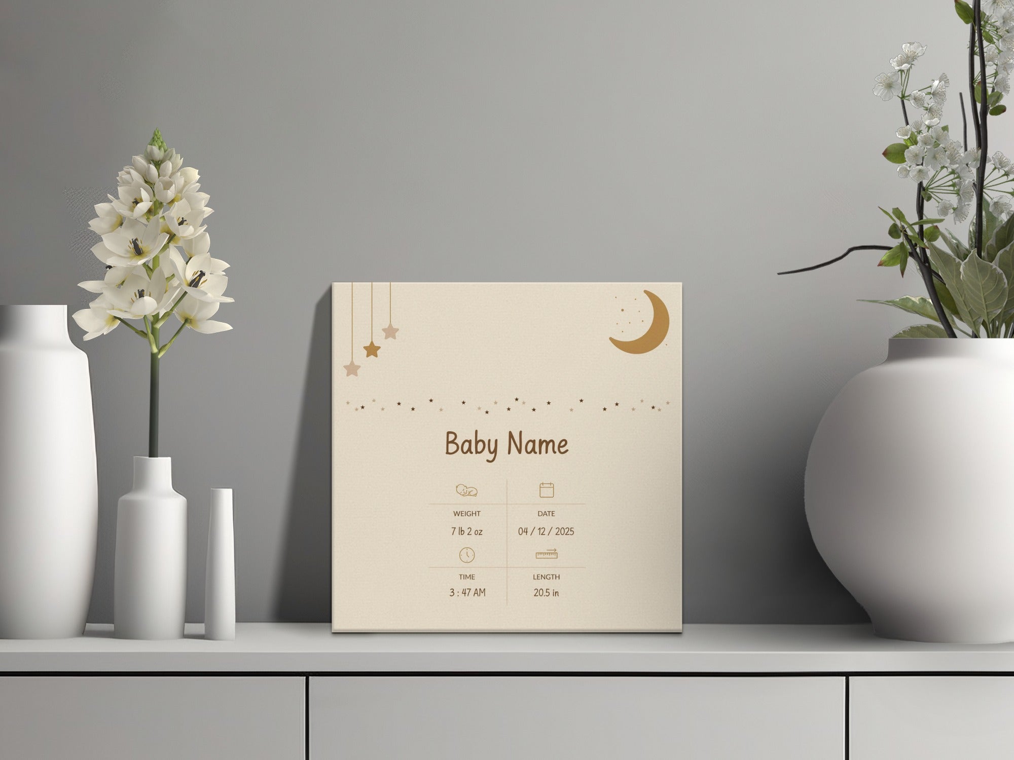 Baby birth announcement with name, weight, date, time, and length.