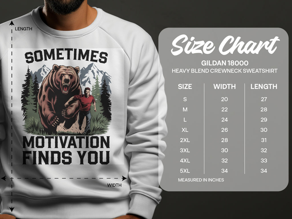 Sweatshirt graphic of a bear and man with "Sometimes Motivation Finds You" text.