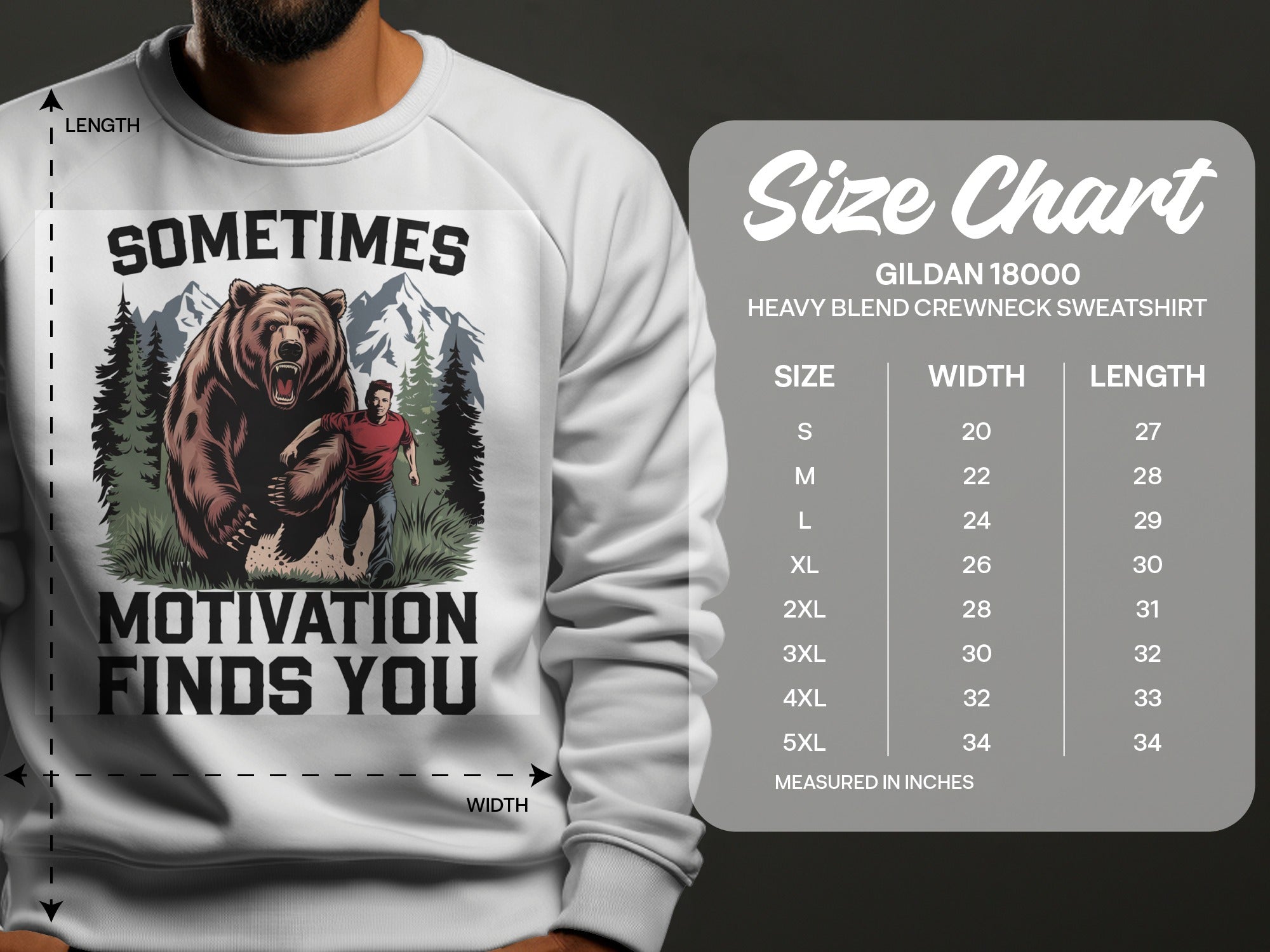 Sweatshirt graphic of a bear and man with "Sometimes Motivation Finds You" text.