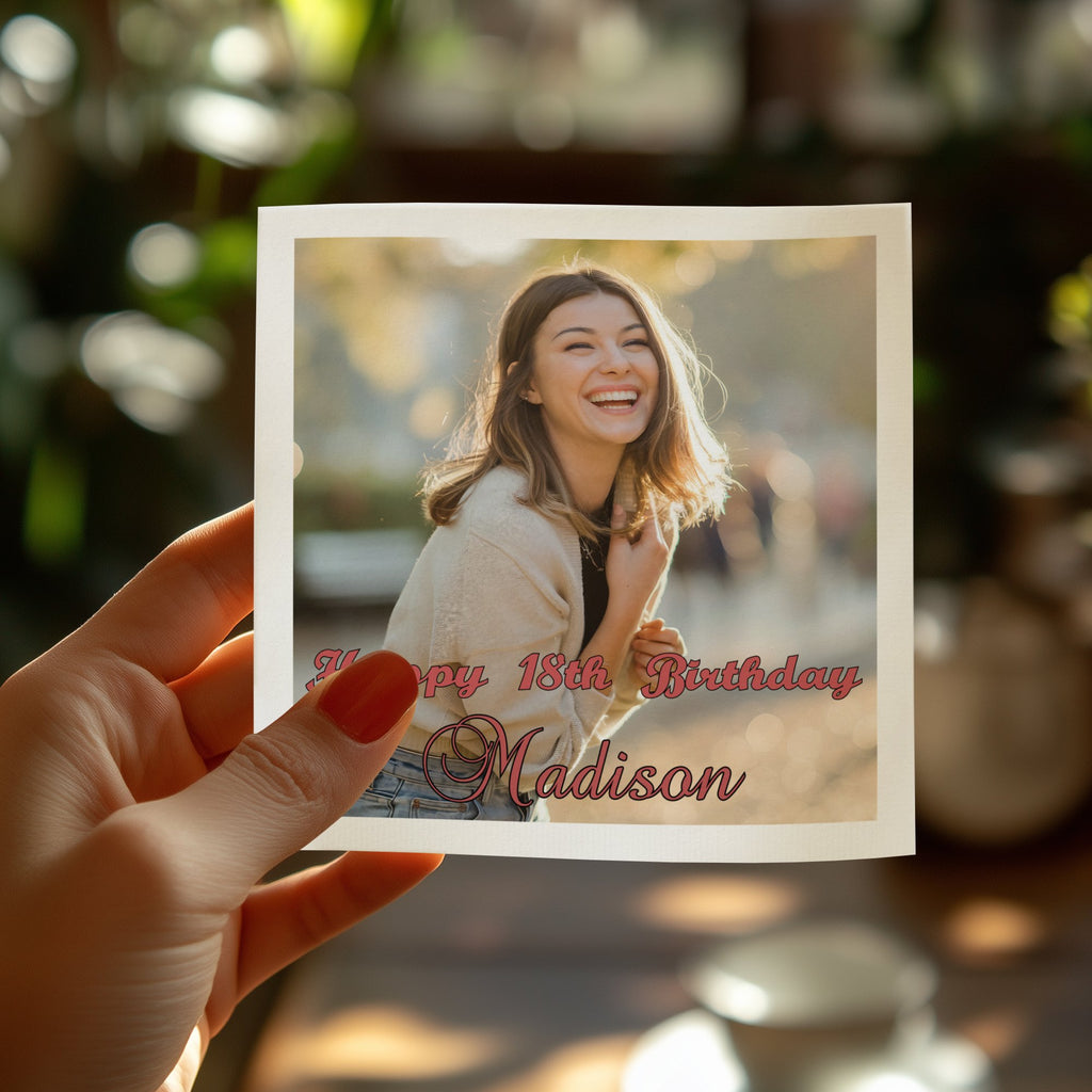 Card with "Happy 18th Birthday Madison" text and a smiling woman.