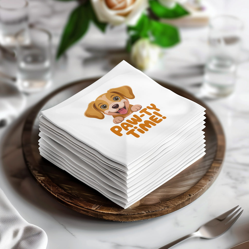 Stack of white napkins with a cartoon dog and "Paw-ty Time!" text.