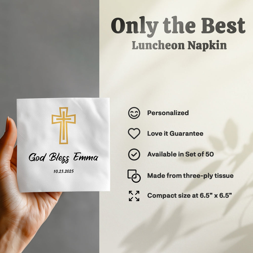 White napkin with "God Bless Emma" and date, presented with product details.