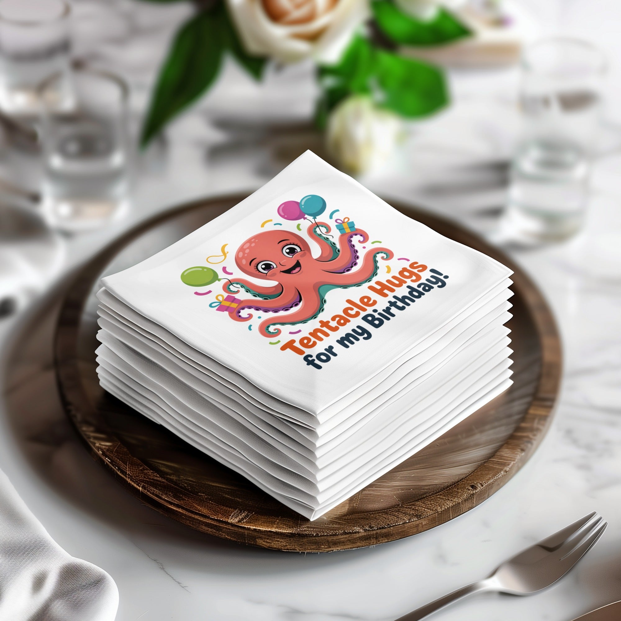 Stack of napkins featuring an octopus and "Tentacle Hugs for my Birthday!" text.