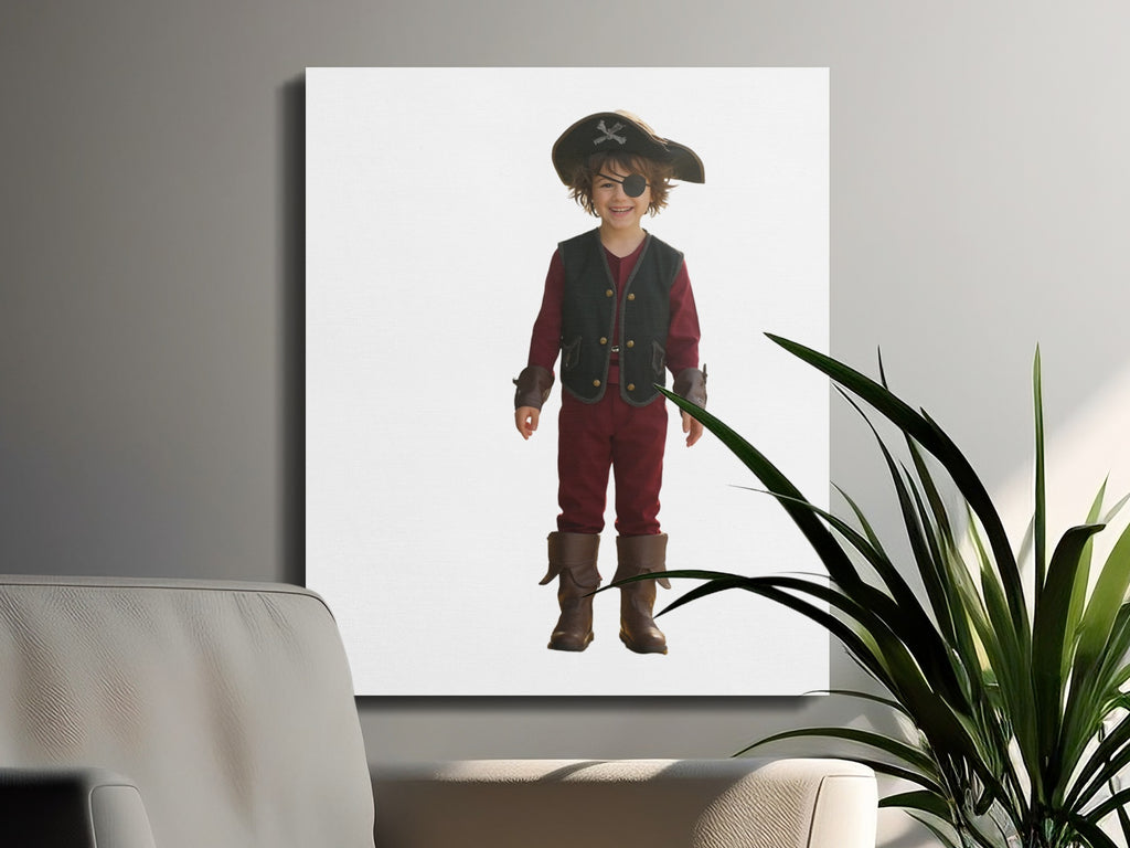 Boy in pirate costume with eye patch and hat.