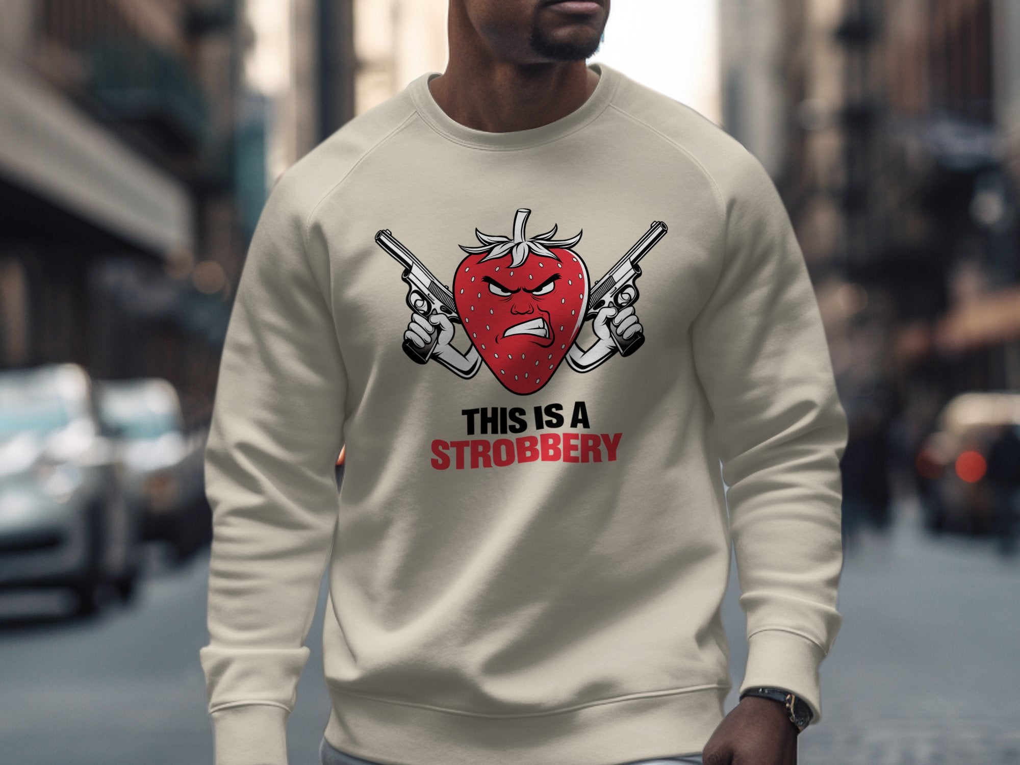 Cream sweatshirt with red cartoon strawberry holding two pistols, text "THIS IS A STROBERRY".