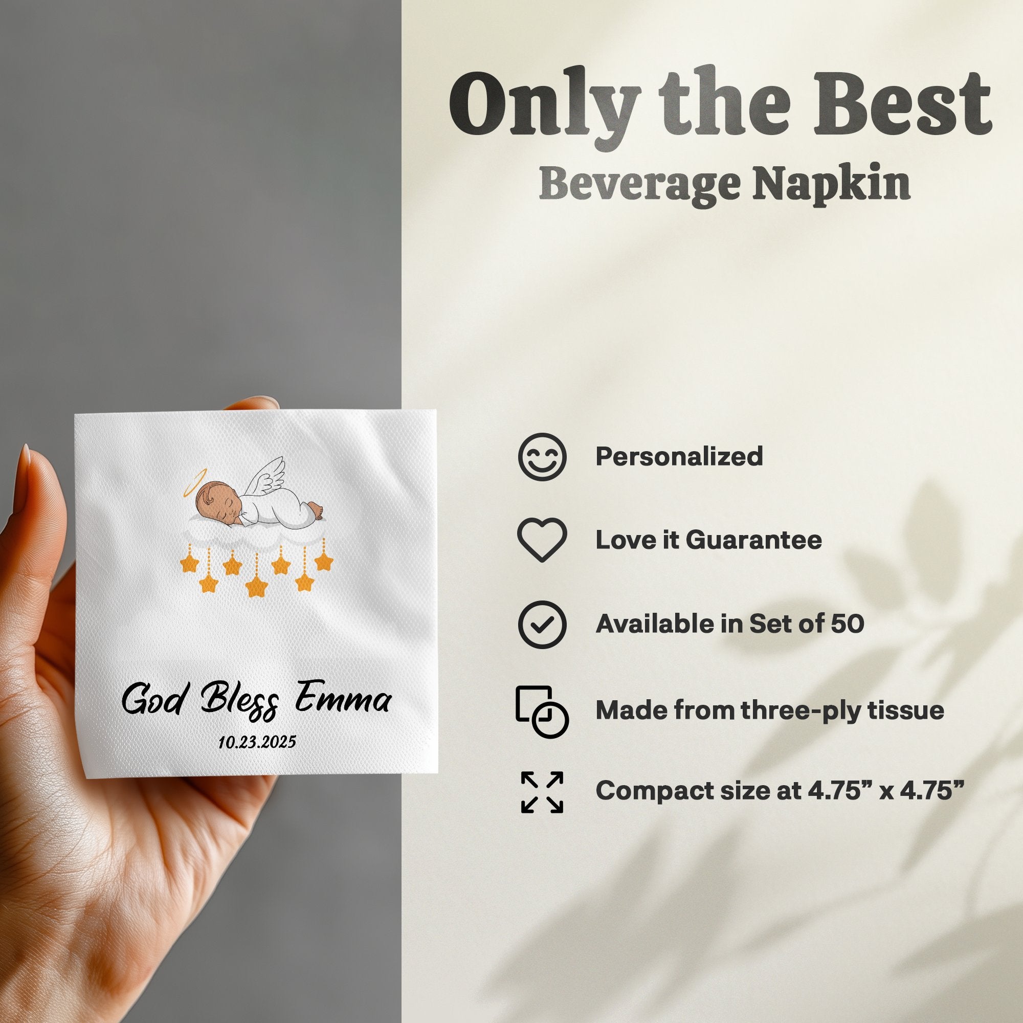 Beverage napkin with "God Bless Emma 10.23.2025" text and angel graphic.