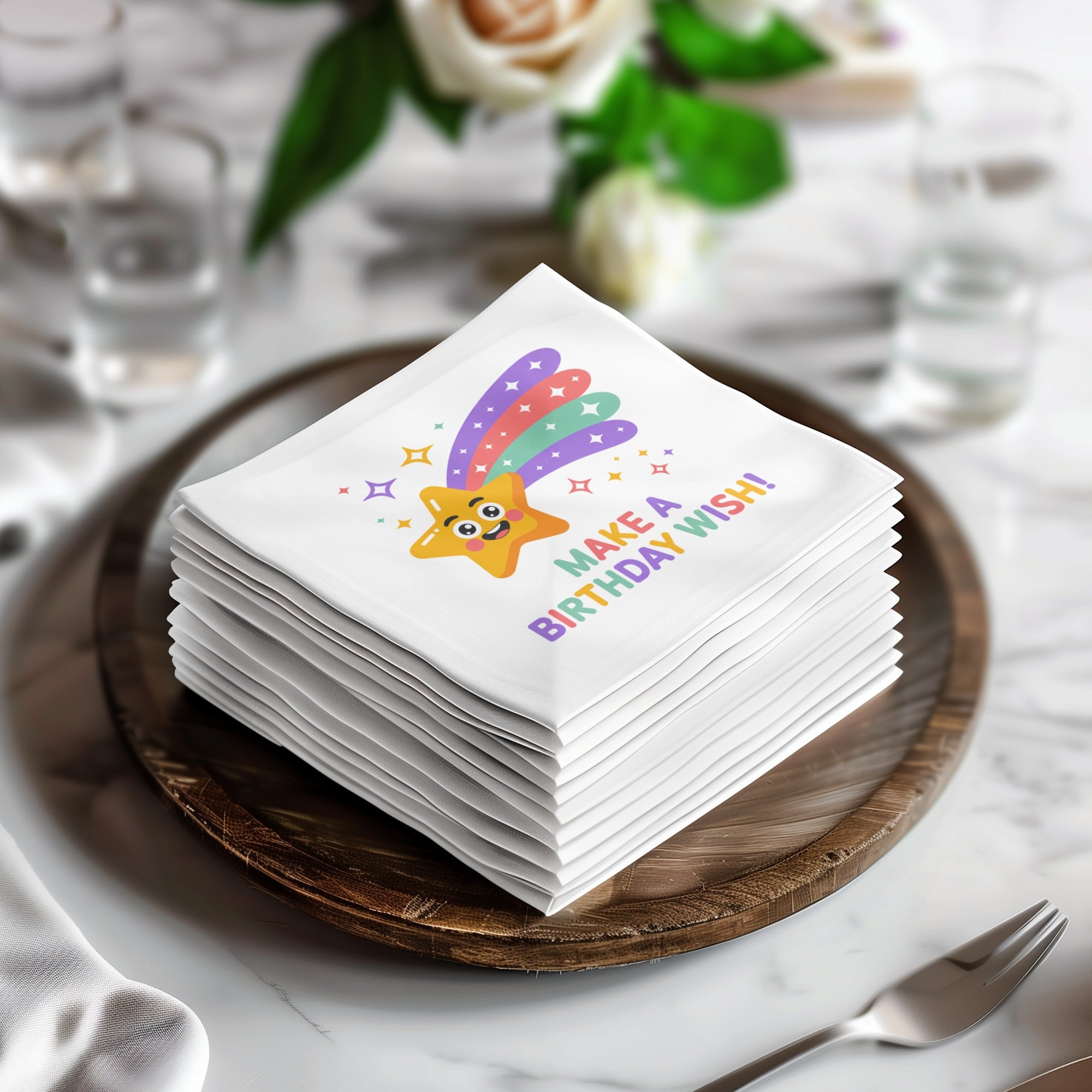 Stack of white napkins with a smiling star and "Make a birthday wish!" text.