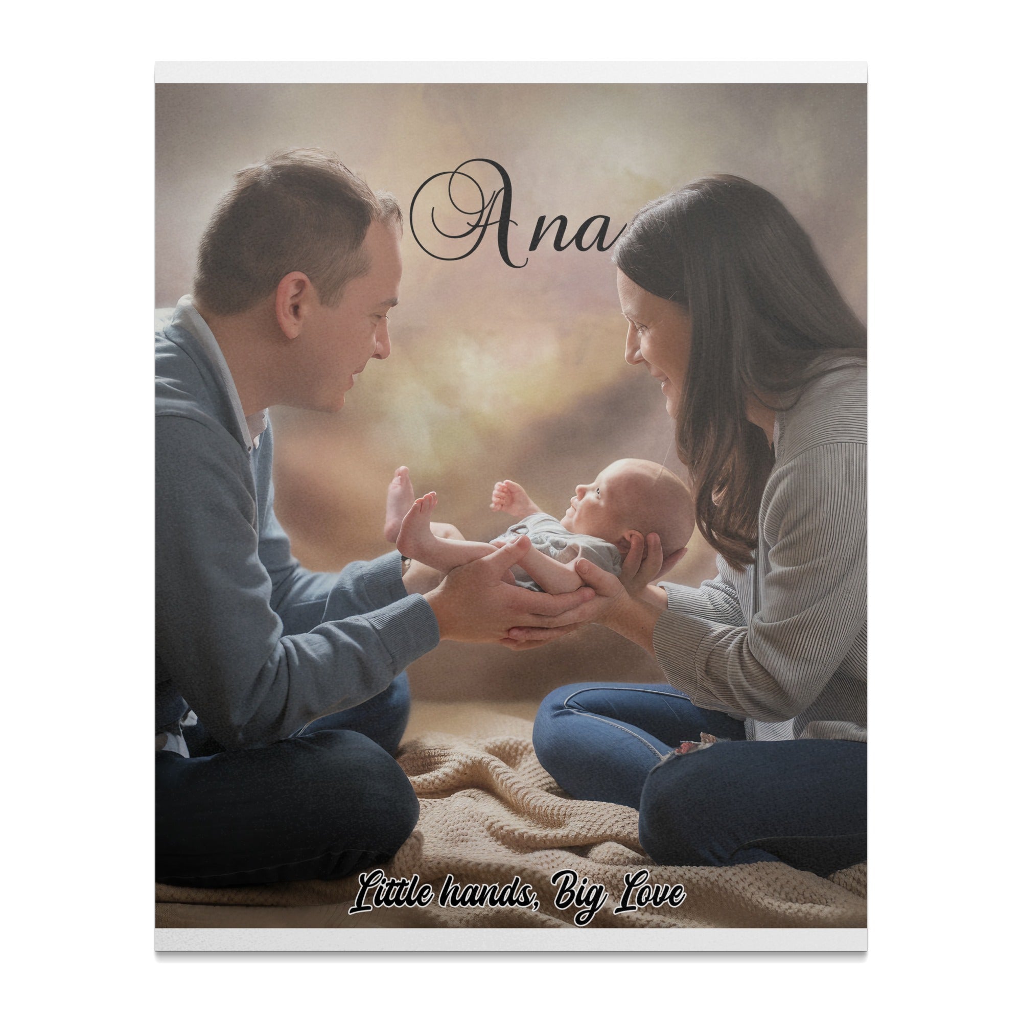 Parents holding newborn baby with text "Ana" and "Little hands, Big Love".