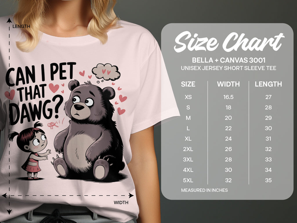 T-shirt size chart with bear and girl graphic, showing measurements in inches.