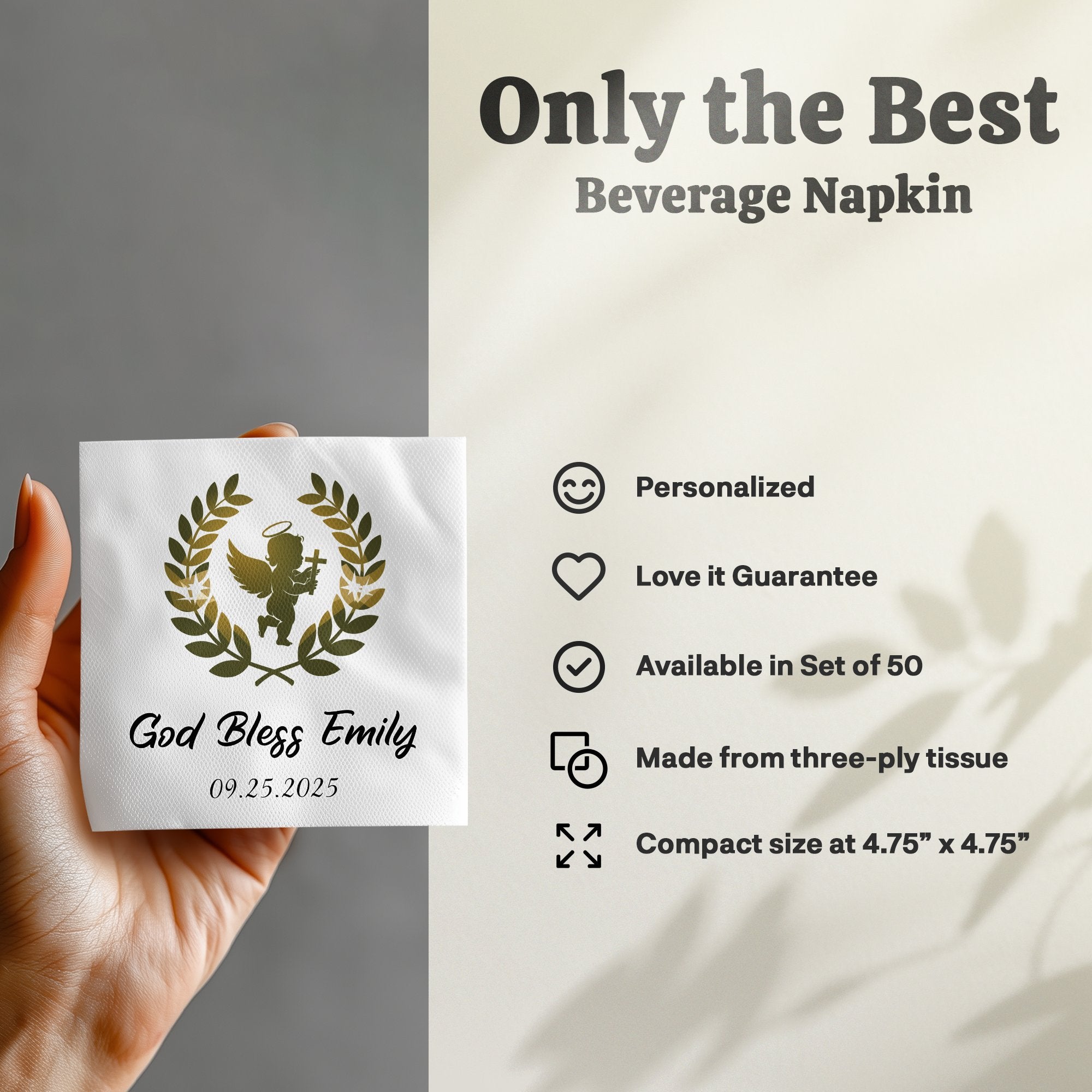 Beverage napkin with "God Bless Emily 09.25.2025" and a winged angel design.