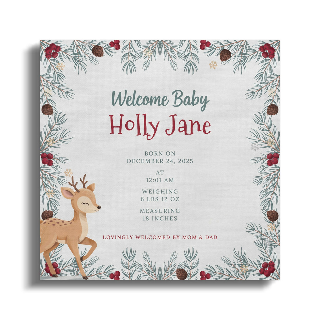 Baby Holly Jane born December 24, 2025, with a doe and festive border.