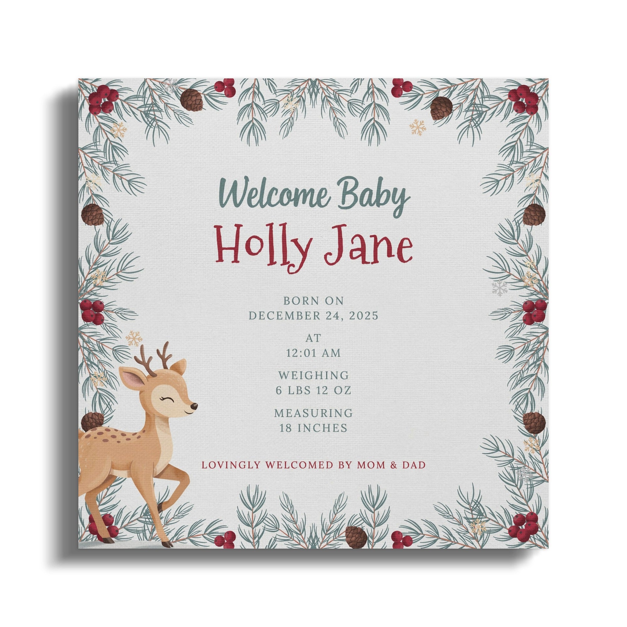 Baby Holly Jane born December 24, 2025, with a doe and festive border.