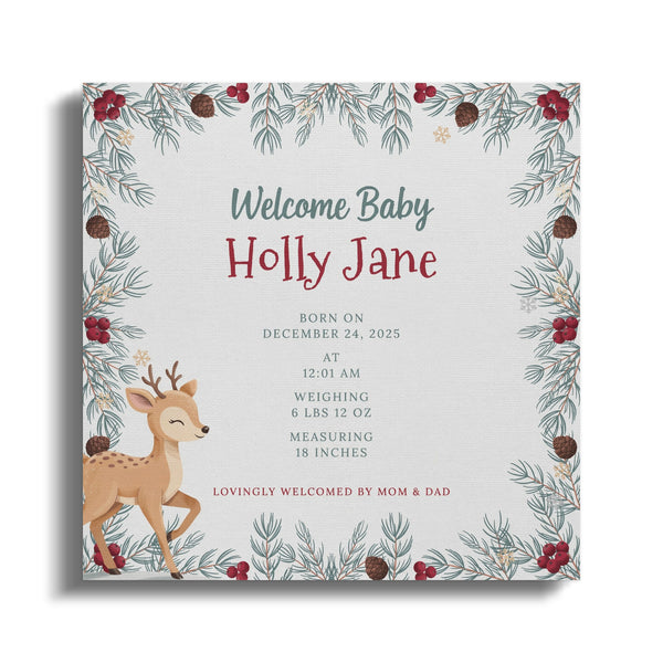 Baby Holly Jane born December 24, 2025, with a doe and festive border.