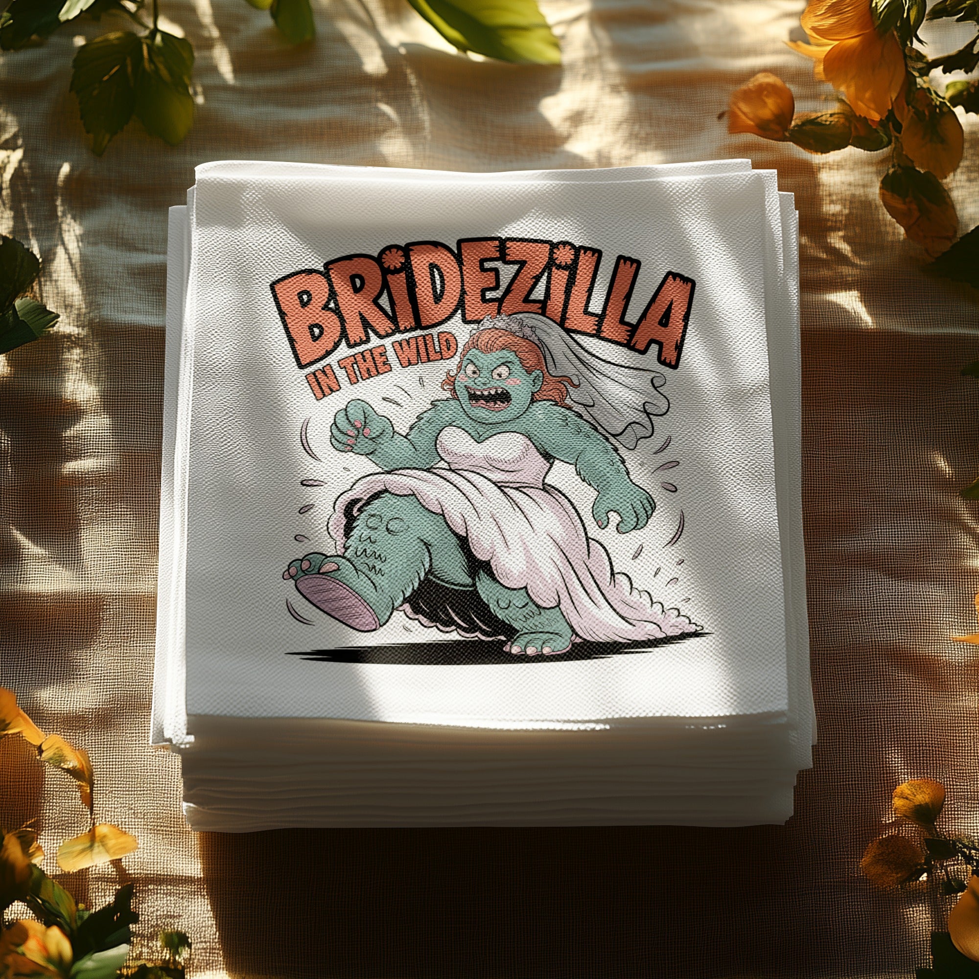 Bridezilla illustration on stacked white napkins, with text "BRIDEZILLA IN THE WILD".