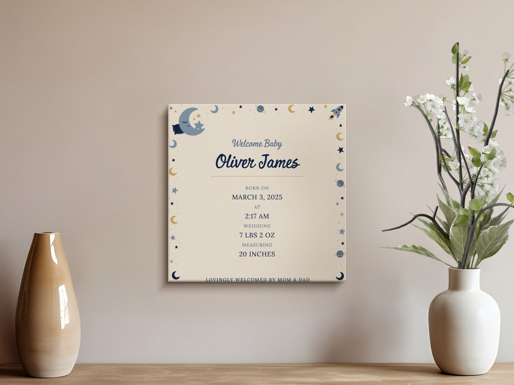 Birth announcement for Oliver James, born March 3, 2025, with space-themed illustrations.