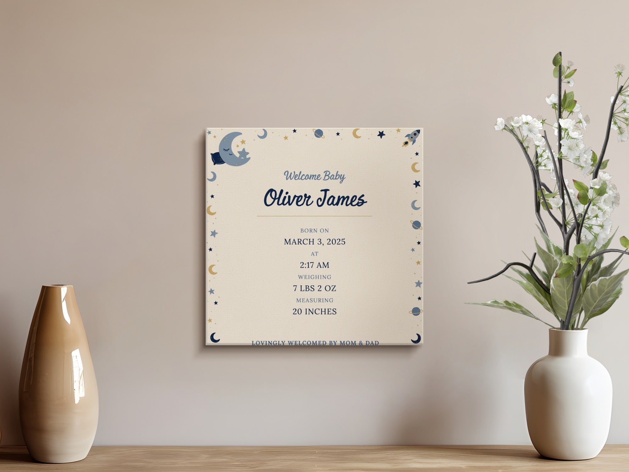Birth announcement for Oliver James, born March 3, 2025, with space-themed illustrations.