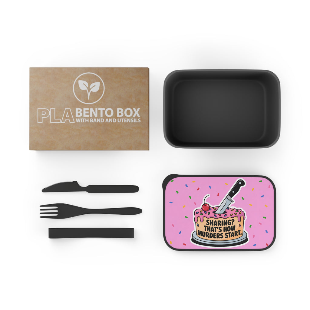 PLA Bento Box with band and utensils next to a cake-themed container.