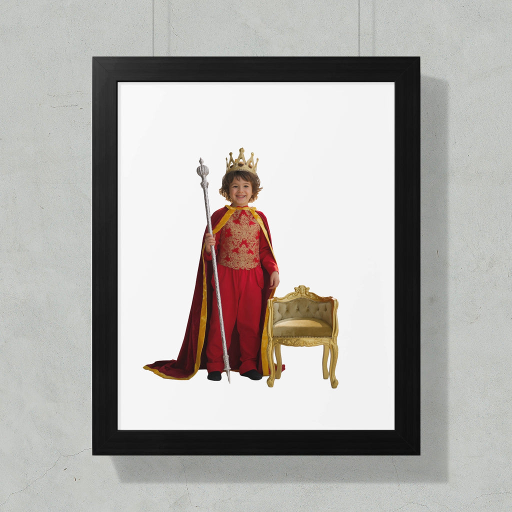 Child in king's costume with crown, cape, and scepter standing by a golden chair.