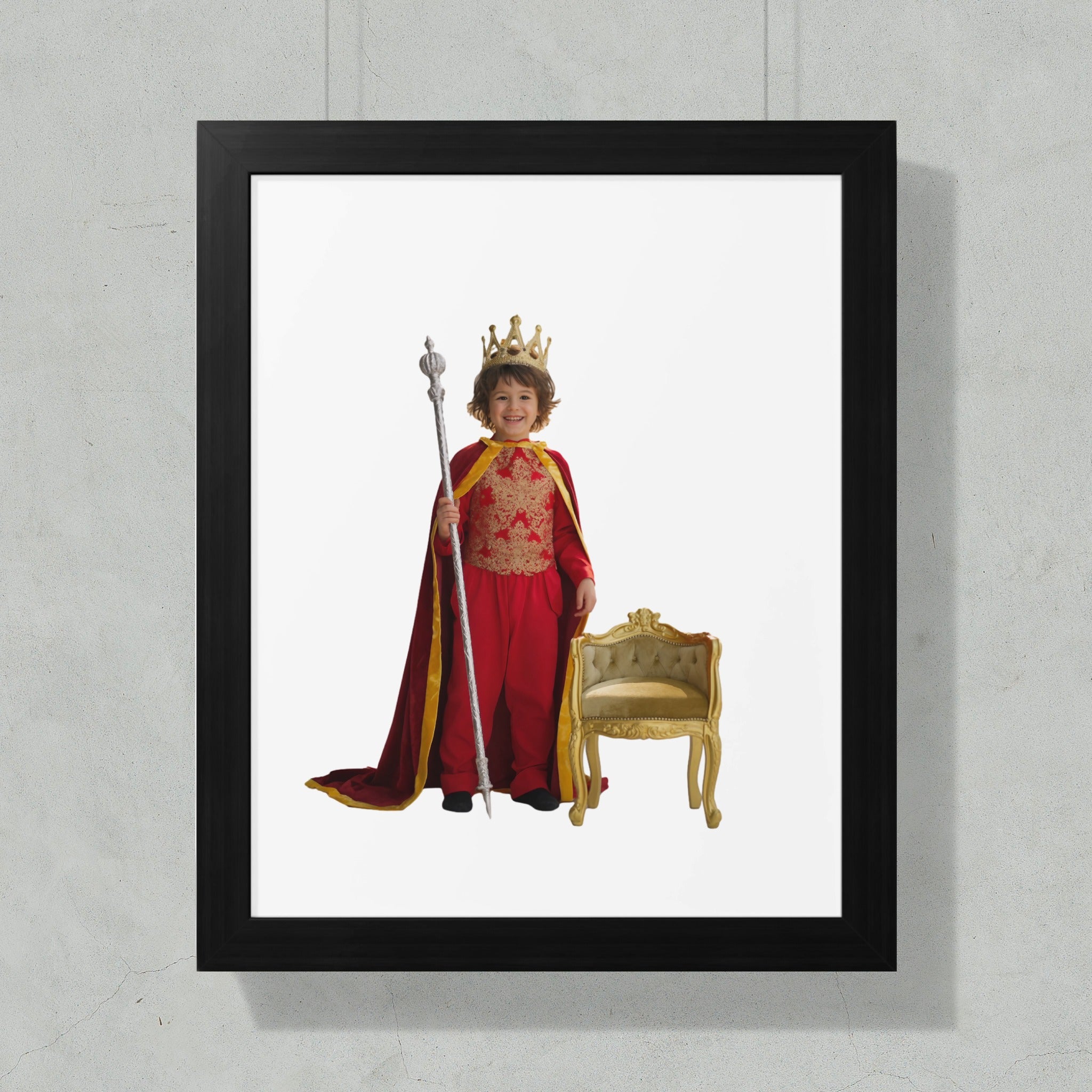 Child in king's costume with crown, cape, and scepter standing by a golden chair.