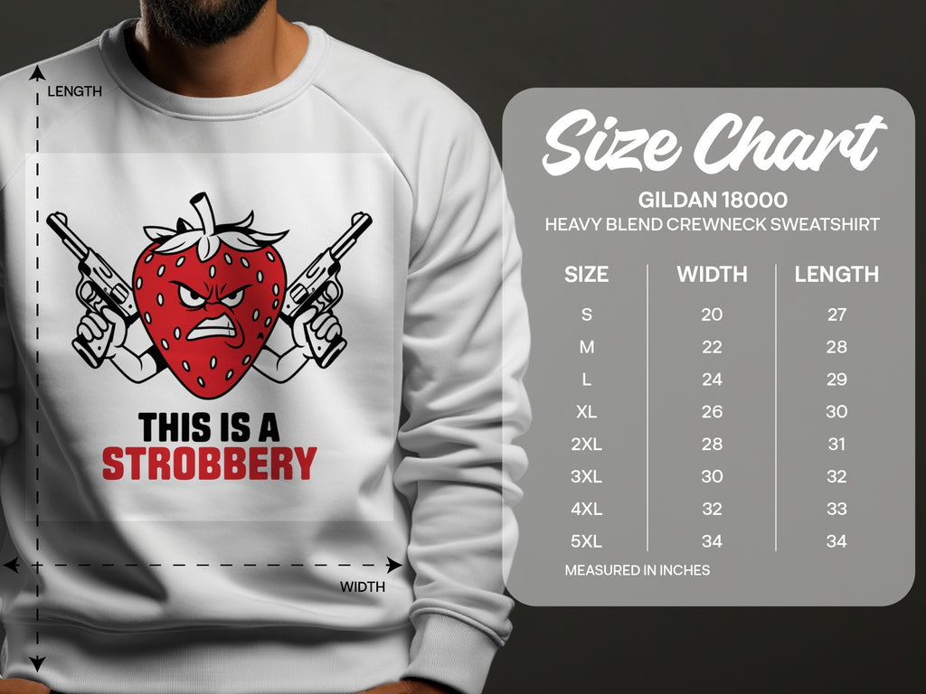 Strawberry graphic with guns and "This is a Strobbery" text, size chart.