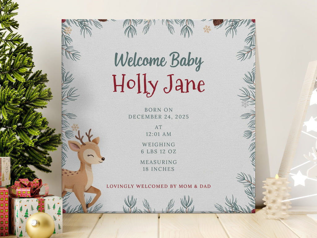 Baby Holly Jane birth announcement with deer illustration and festive border.