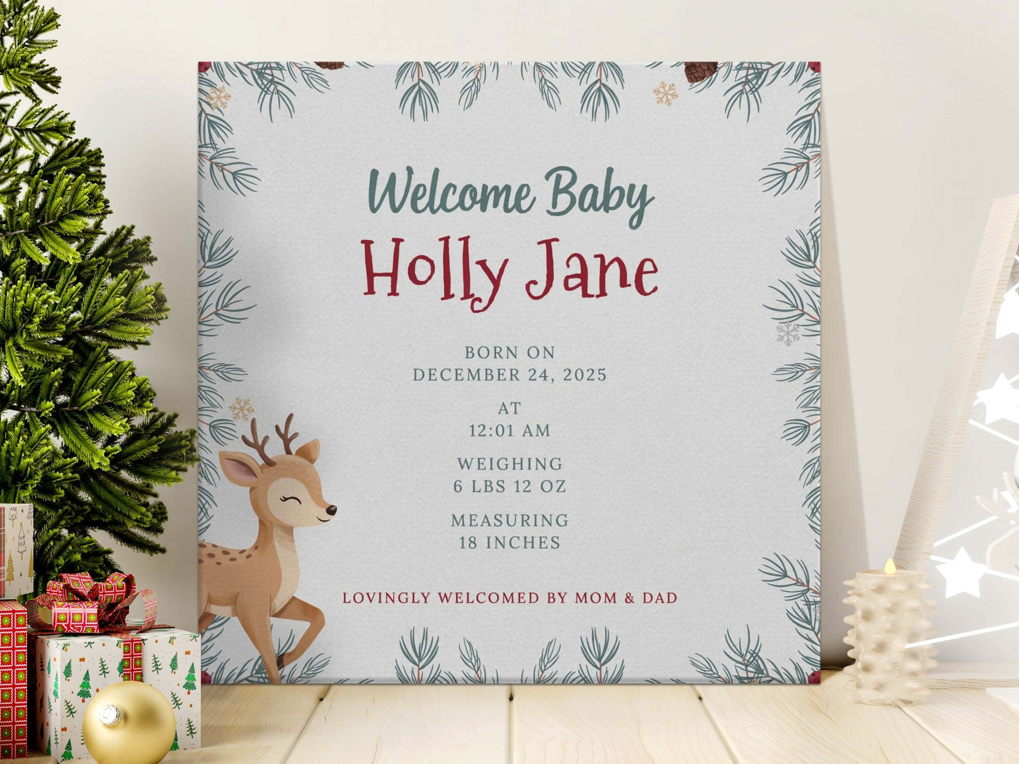 Baby Holly Jane birth announcement with deer illustration and festive border.