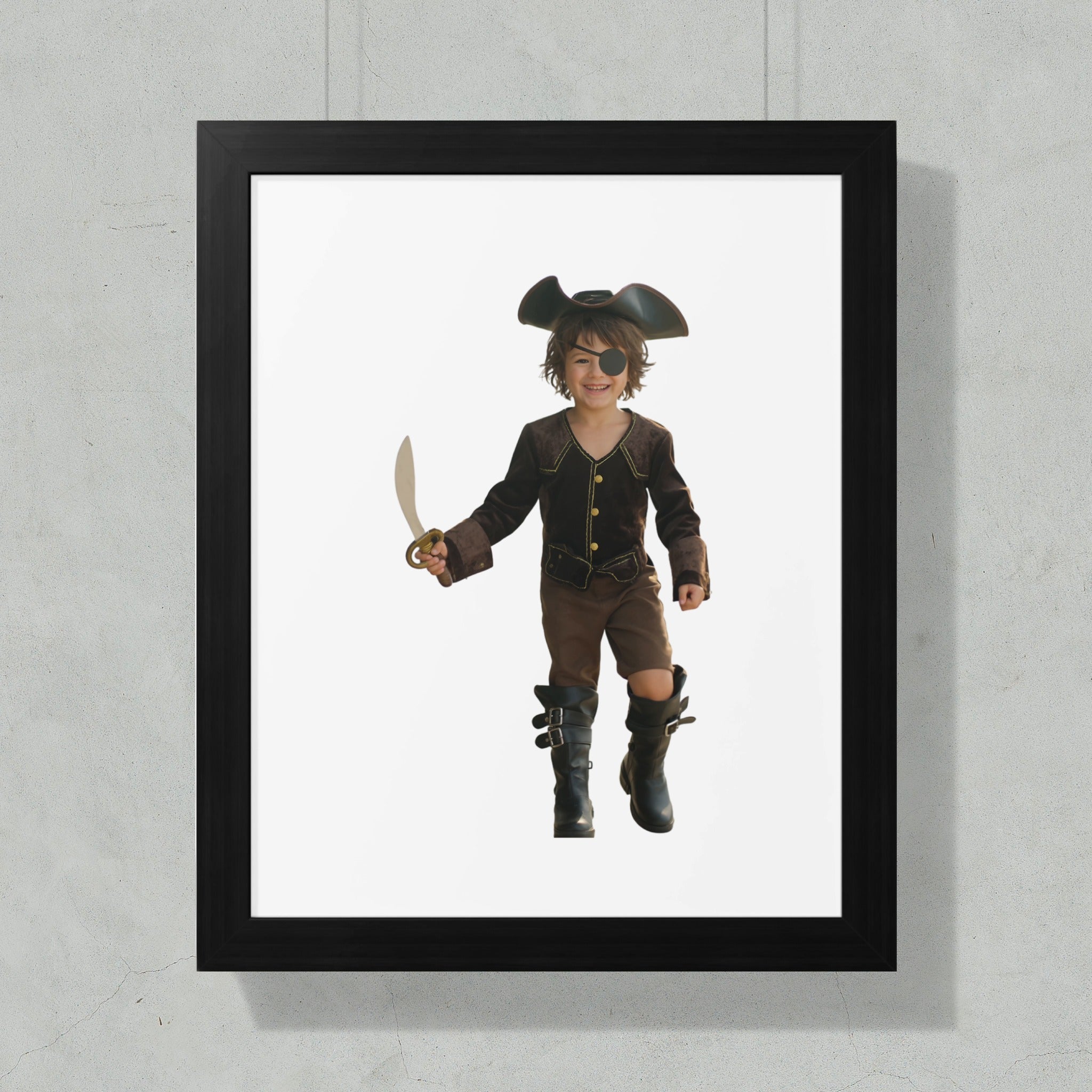 Child in pirate costume with eye patch, hat, sword, and boots.