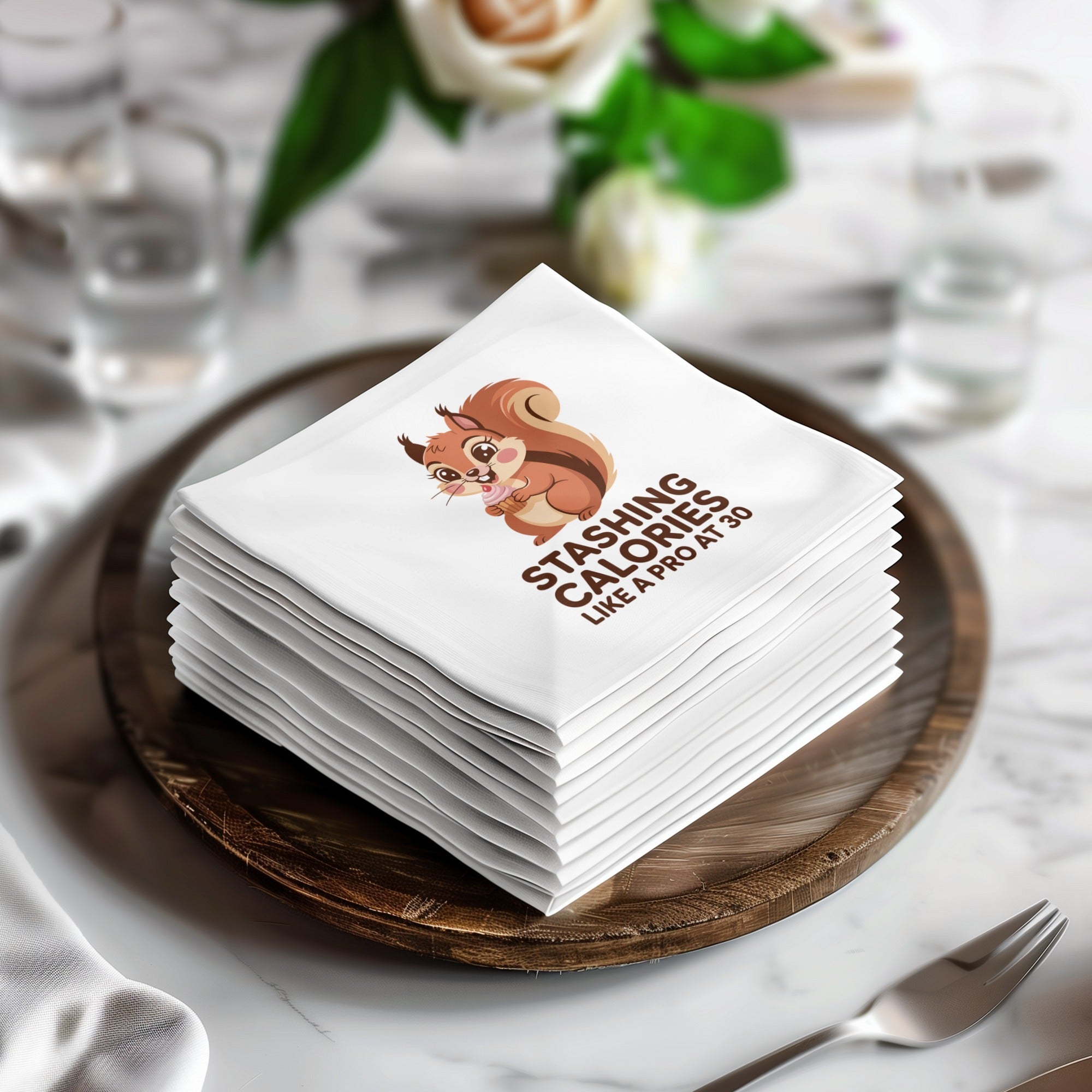 Stack of white napkins with a squirrel and "Stashing Calories Like a Pro at 30" text.