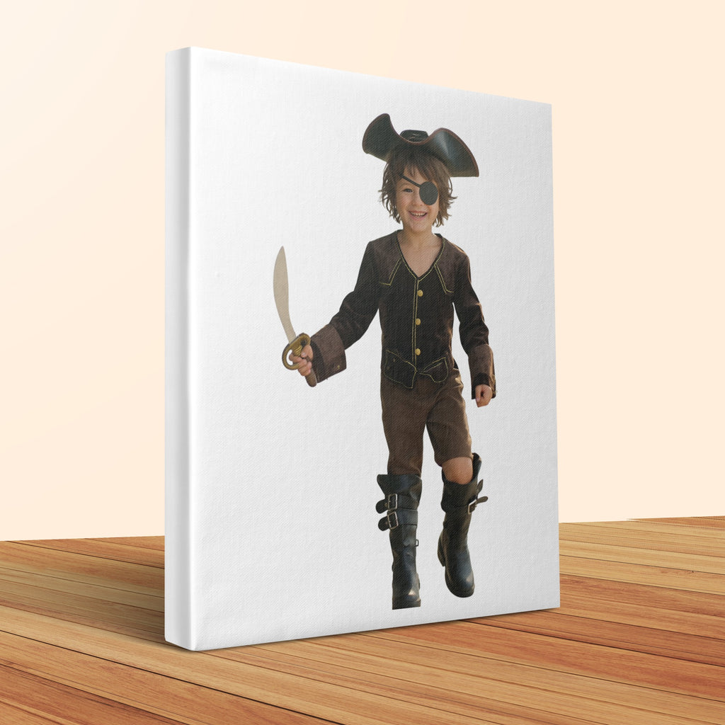 Child dressed as a pirate holding a toy sword and wearing an eye patch.