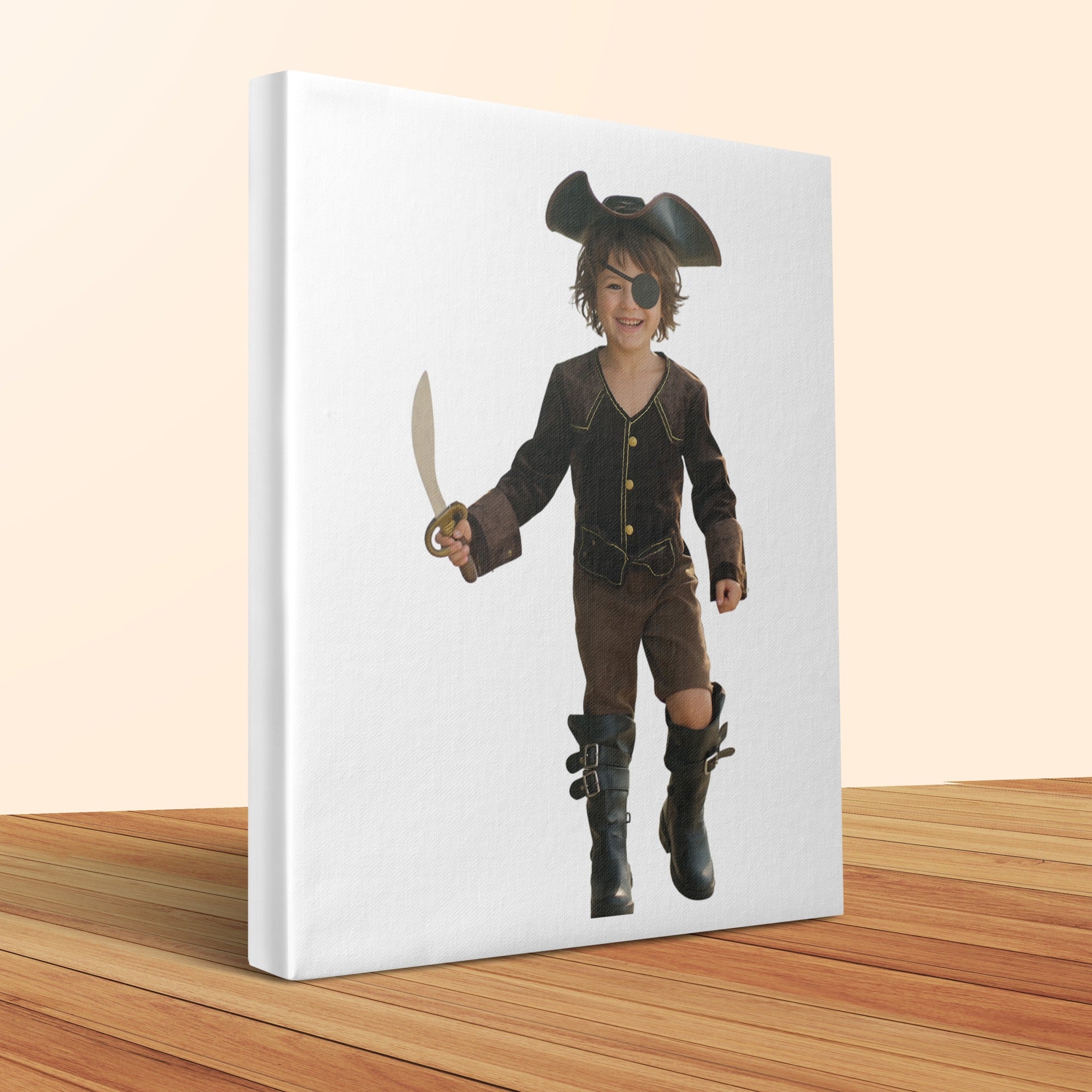 Child dressed as a pirate holding a toy sword and wearing an eye patch.