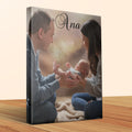 Parents holding baby Ana, soft lighting, canvas print mockup.