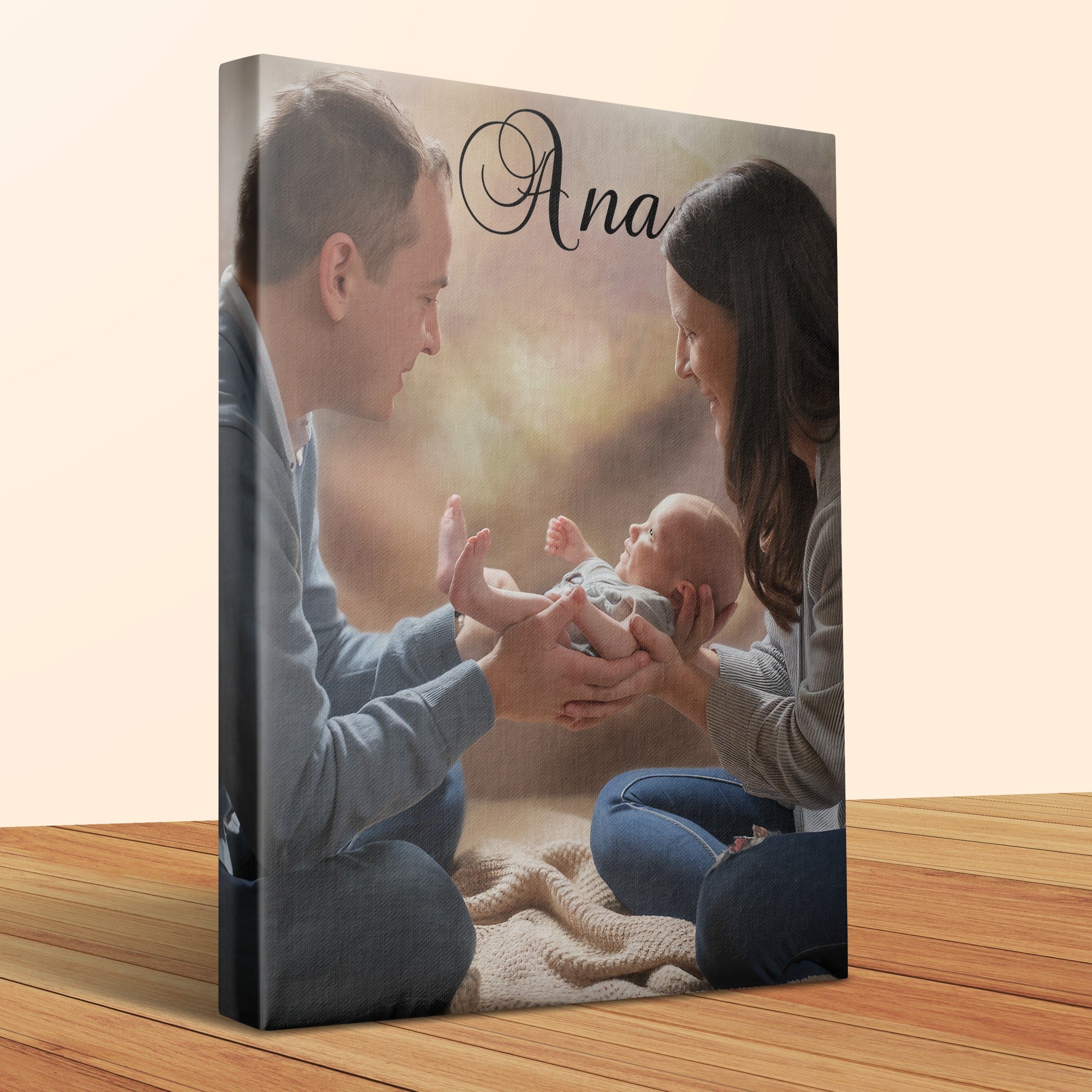 Parents holding baby Ana, soft lighting, canvas print mockup.