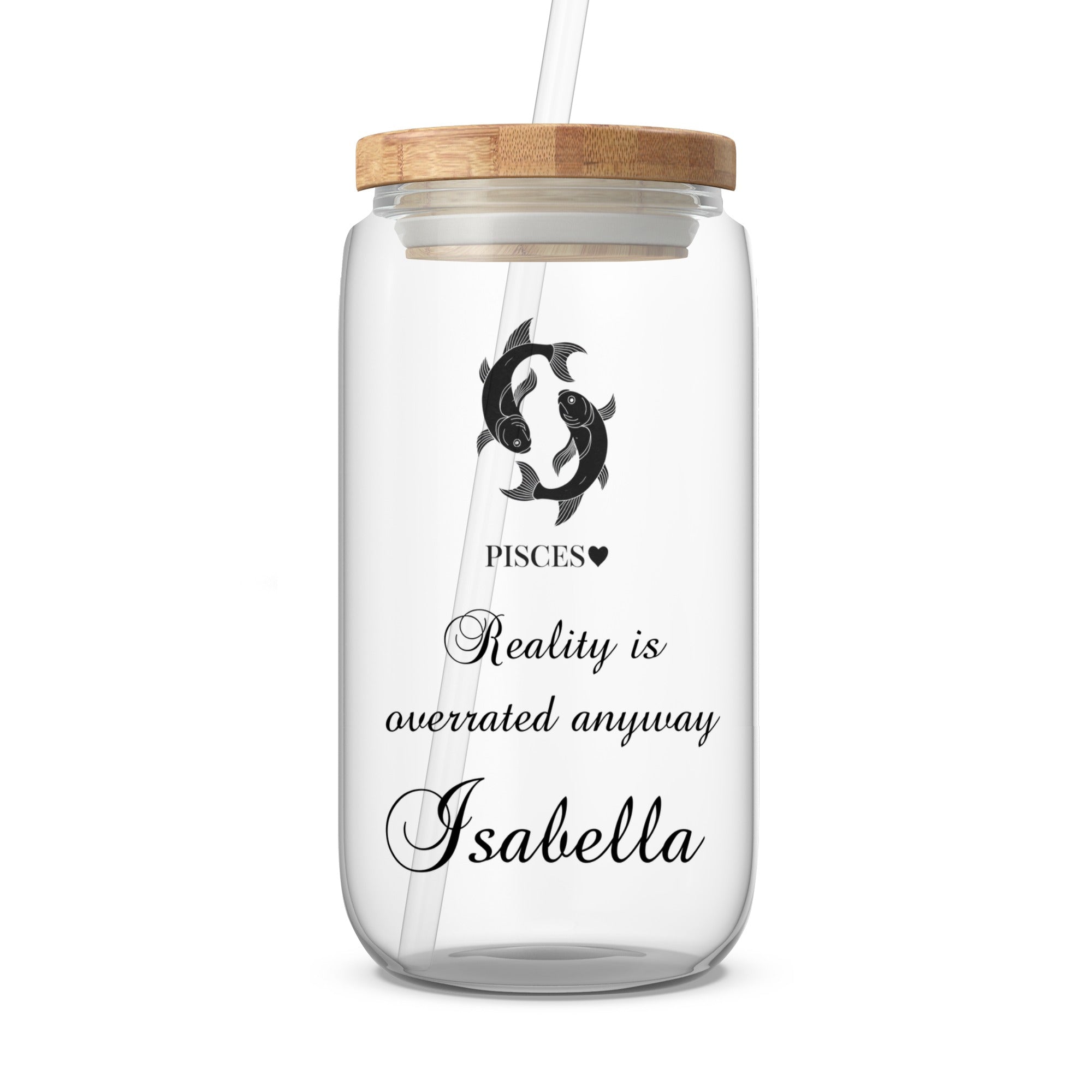 Glass tumbler with Pisces zodiac symbol and custom name "Isabella".