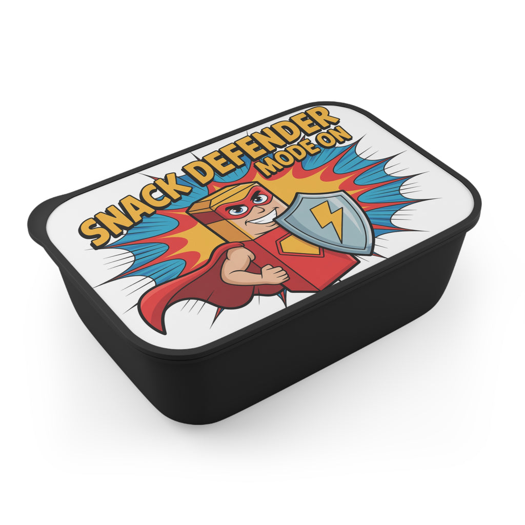 Black rectangular lunchbox with "Snack Defender Mode On" superhero graphic.