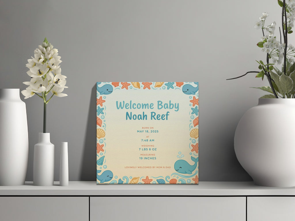 Baby Noah Reef birth announcement with whale and starfish border.