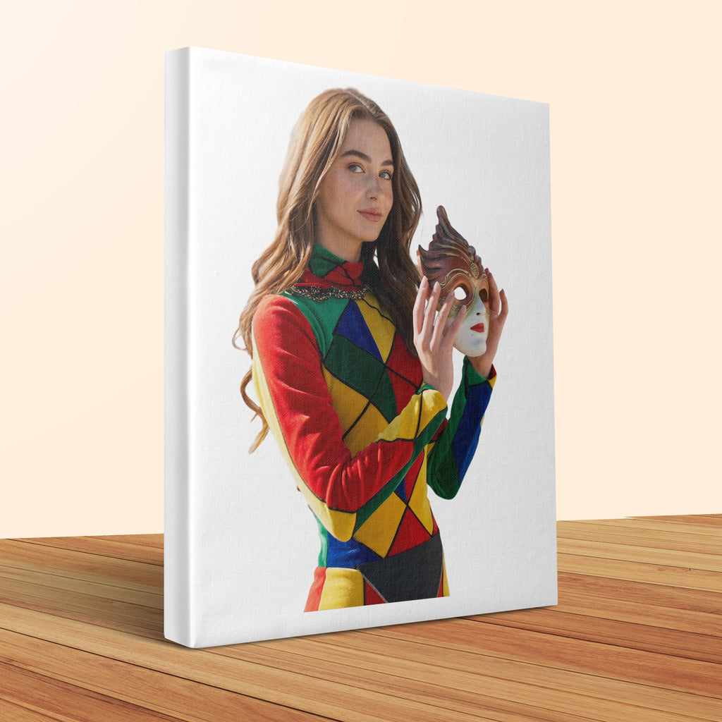 Woman in a colorful patchwork outfit holding a Venetian mask.